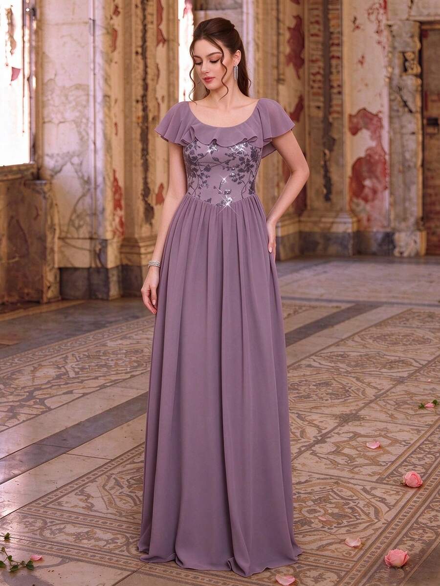 Light Purple Floral Sequin Chiffon Maxi Dress, Elegant Summer Evening Gown, Suitable For Wedding, Prom, Dinner, Party, Date, Vacation And Holiday Wear - Dusty Purple - View 1