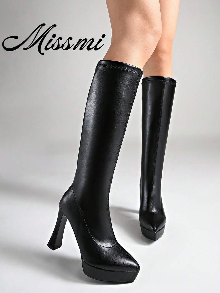 Women's Tall Boots, European And American New Style Leather Pointed Toe High Heel Long Boots, Thin Heel Riding Boots, Winter - Black - View 1