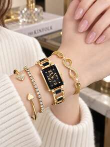 4pcs Fashion Jewelry Women's Watch And Bracelet Set, Gold Square Black Dial Quartz Wristwatch, Rhinestone Dial Commuter Quartz Watch, Suitable For Daily Commute, Party, Evening Wear, Valentine's Day, Mother's Day, Birthday Gift - Gold - View 8