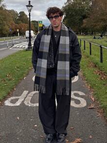 1pc Imitation Cashmere Scarf, Thick Neck Warmer For Men, Suitable For Autumn And Winter Men Accessories Men Scarves - Grey Plaid - View 2