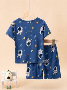 2pcs/Set Kids Short Sleeve & Shorts Astronaut Pajamas, Boys Thin Cartoon Astronaut Pattern Summer Home Clothes Set - Multicolor - View 2