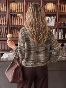 Women's Multicolor Striped Fuzzy Knit Cardigan V Neck Button Front Long Sleeve Relaxed Fit Sweater For Casual Fall Winter Outfits - Multicolor - View 2