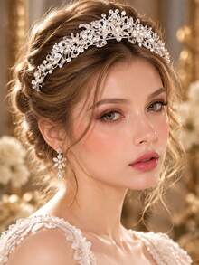 KOVLYNE 1pc Elegant Floral Pearl Crystal Headpiece, Rhinestone Wedding Crown With Leaf Decoration, Suitable For Wedding, Prom, Party And Special Occasion Bridal Hair Accessory - Multicolor - View 2