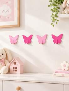 4pcs Pink Butterfly Decorative Wall Hooks, No-Drill Hanging Hooks, Perfect For Girls Room Decor - Multicolor - View 2