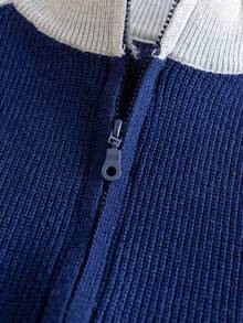 Boys' Preppy Colorblock Striped Stand Collar Raglan Sleeve Knit Cardigan Sweater, Suitable For School Daily Wear In Spring, Autumn And Winter - Navy Blue - View 7
