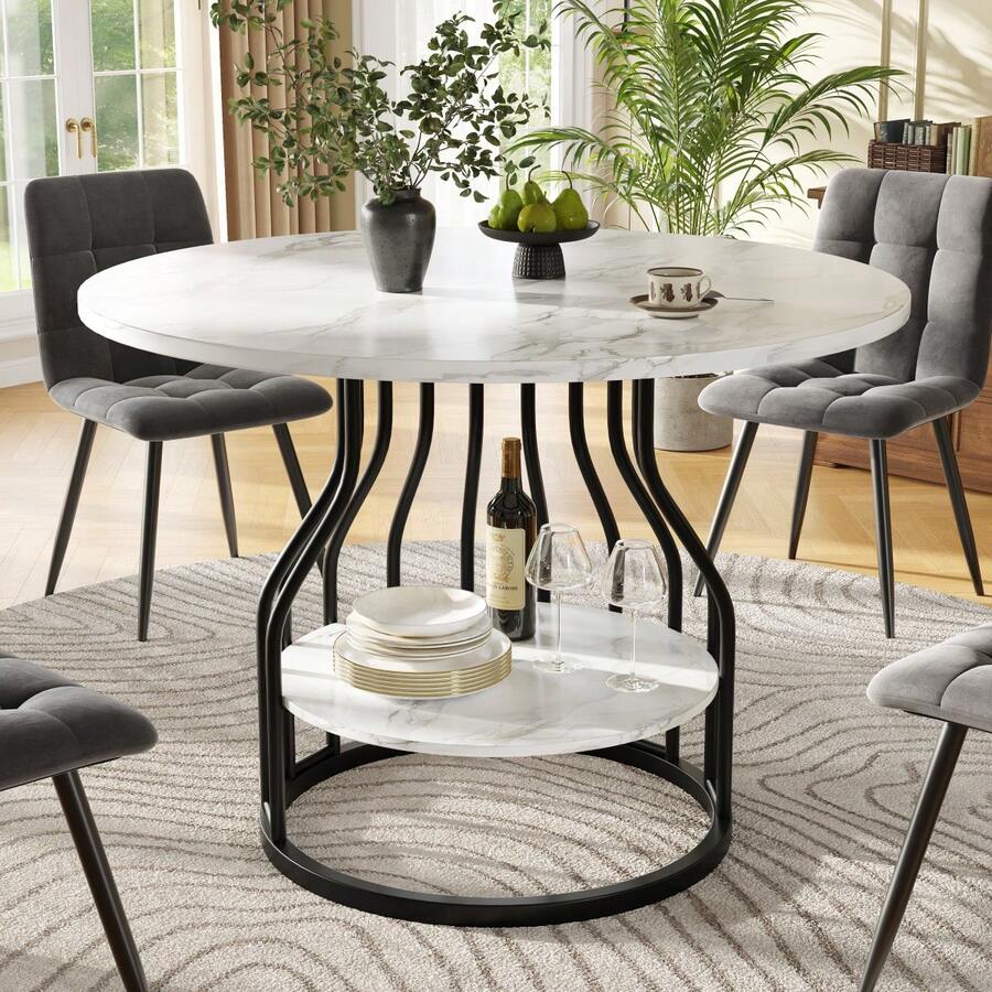 طاولة طعام دائرية/طاولة مطبخ 80*80*76 سم/سعة التحميل: 60 كجم/سهلة التنظيف/سطح من MDF بتأثير الرخام/مناسبة لغرف المعيشة وغرف الطعام/أسود - الأسود - مشاهدة 1