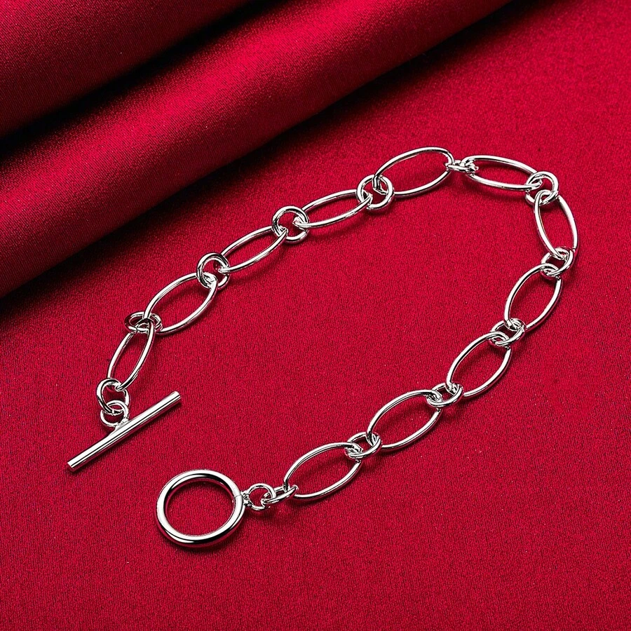 Gelang Rantai Sederhana Berlapis Perak Sterling 925 dengan Gesper OT untuk Wanita, Perhiasan Fashion untuk Pernikahan, Pertunangan, dan Pesta. - Perak - View 1
