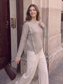 Women's Asymmetrical Button Sweater Crew Neck Long Sleeve Knit Top - Beige - View 4
