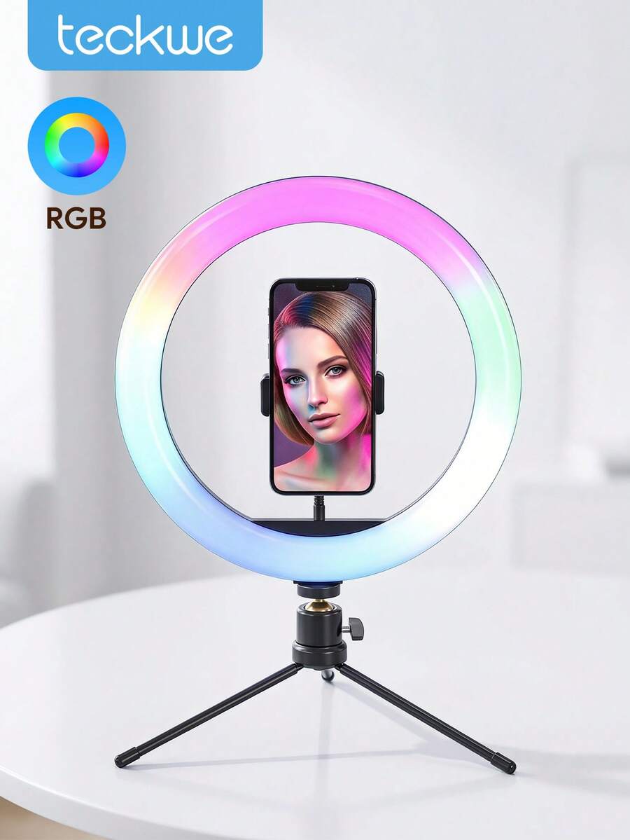 Teckwe RGB Ring Light With Mini Tripod Stand & Phone Holder, Dimmable Color Changing LED Selfie Circle Light, Portable Fill Lamp For Live Streaming Makeup Vlog Summer Outdoor Shooting - RGB fill light - View 1