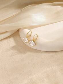 1 Pair Golden Color Oval Rhinestone Charm Hoop Earrings For Women Sparkling Solitaire Stone Drop Earrings Minimalist Elegant Everyday Jewelry Gift - Multicolor - View 2