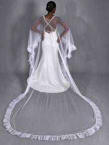 1pc Ruffle Smooth Tulle Bridal Cape, White Sheer Long Train Wedding Dress Cloak, Cover Up For Wedding Banquet Party - White - View 5