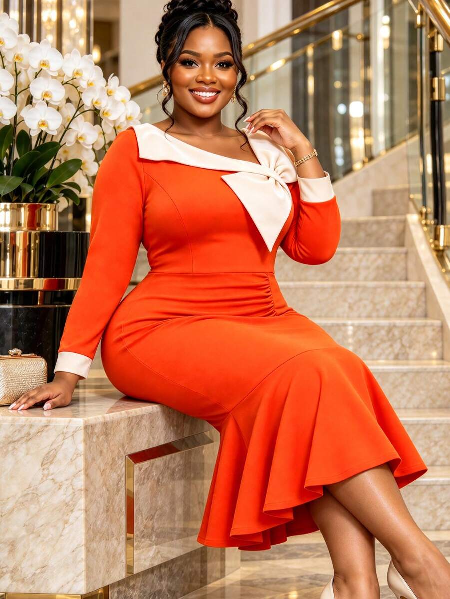 Elegant Plus Size Color Block Midi Mermaid Dress Large Bow Asymmetrical Neck Long Sleeve Ruched Waist Slim Fit Church Formal Evening Party Dresses
