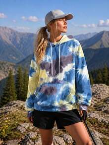 1pc Women's Tie-Dye Hooded Sweatshirt, Outdoor Mountain Style, Kangaroo Pocket, Drawstring Pullover, Versatile Jacket For Cycling, Climbing - Yellow - View 1