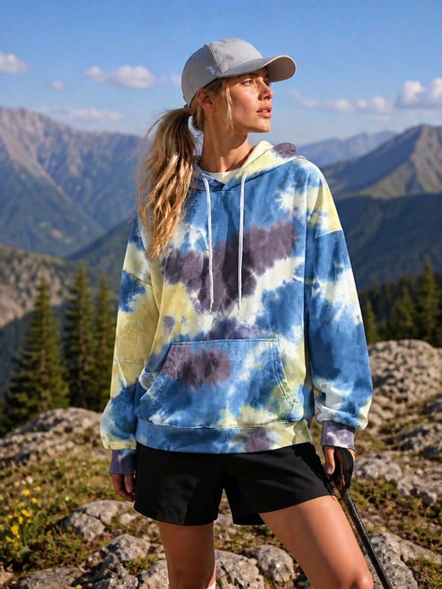 1pc Women's Tie-Dye Hooded Sweatshirt, Outdoor Mountain Style, Kangaroo Pocket, Drawstring Pullover, Versatile Jacket For Cycling, Climbing - Yellow - View 1