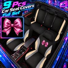 Shiny Hot Pink Bow Print 9-Piece Car Seat Cover Set, Full Car Interior Accessories Suitable For Daily Use By Women And Girls - Double Waistline - View 14