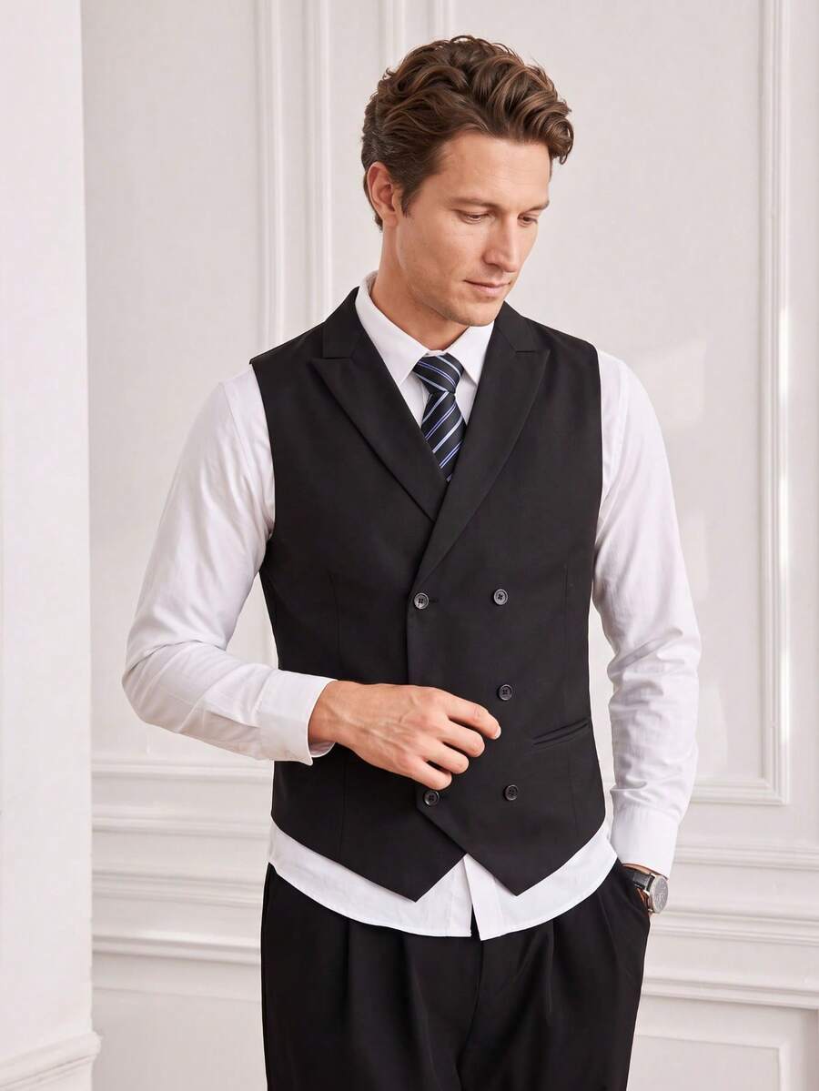 Officeau Men's Solid Color Slim Fit Tailored Business Casual Double-Breasted Vest, Suitable For Office, Business Travel, Party, Commuting - Black - View 1