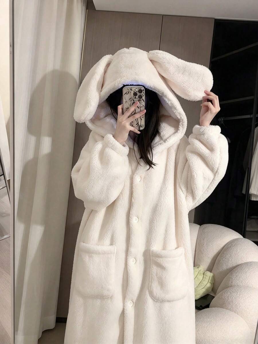 1PC Women's Cute Rabbit Ear Hooded Plush Bathrobe, Ultra-Soft Fuzzy Warm Wrap Robe, Long Sleeve Cozy Bathrobe With Hood, Loose Fit Winter Robe For Women, Christmas Gift