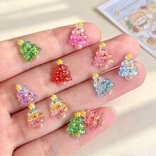 20/50/100pcs Gradient Christmas Tree Ornaments With Star Topper, Glitter Sequin Filled Transparent Resin Flat Christmas Tree Decorations, Cute Shiny Colorful Mini Holiday DIY Accessories Mixed Colors - Random Mix - Mini Christmas Tree Assortment - View 7