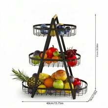 Super life A 2/3-Tier Metal Fruit Basket With A Wooden Handle-A Multi-Level Countertop Organizer For Fruits And Vegetables, Or A Farmhouse-Style Rack For Bread And Snacks, Perfect For Kitchen Countertops. - Black - View 12