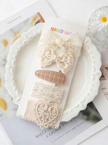 5pcs Handmade Lace Bow Hair Clips Set, Vintage Floral Barrettes Hair Accessories - Multicolor - View 12