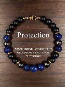 Retro Chic Men's Protection Crystal Bracelet: Lapis, Hematite Bead, Stress, Grounding Healing Yoga Spiritual Unisex Jewelry Gift For Him, Gift For Her - Multicolor - View 1