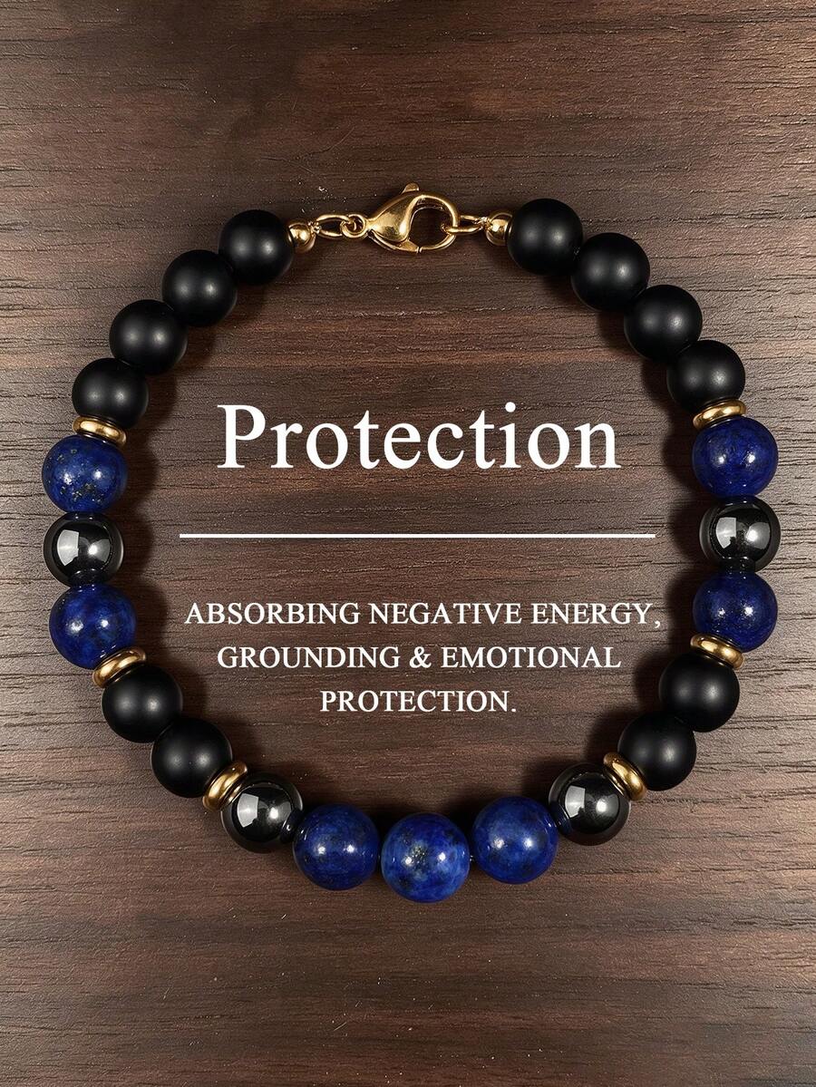 Retro Chic Men's Protection Crystal Bracelet: Lapis, Hematite Bead, Stress, Grounding Healing Yoga Spiritual Unisex Jewelry Gift For Him, Gift For Her - Multicolor - View 1