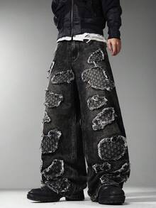Men's Korean College Style Wide Leg Jeans, Unique Patch Embroidery, Fashion Commuter All-Season Long Pants (No Belt & Accessories Included) - Black - View 6