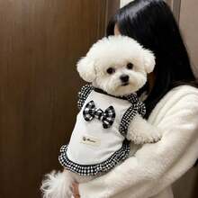 1pc Black & White Plaid Ruffle Pet Camisole, Soft Breathable Cotton Sleeveless Dog Top With Bow, Spring/Summer Small Cat & Dog Clothes For Teddy, Bichon, Pomeranian, Yorkshire Terrier - White - View 6