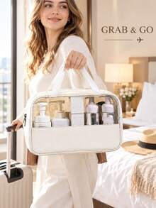 Dual Handle Large Capacity Transparent Makeup Bag, Suitable For Cosmetics And Toiletries, Beach Bag, Back To School Summer Travel Essential - Beige - View 7