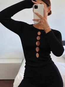 Women's Knit Sweater With Chest Cut-Out - Black - View 2