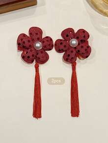 2pcs Red Flower Tassel Hair Clips, Sweet Style Hair Accessories Suitable For Daily Wear - Multicolor - View 4