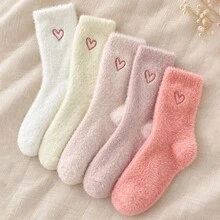 1/3/5/10 Pairs Heart Pattern Socks (Random Color), Cute Warm Thick Plush Mid-Calf Home Socks, Suitable For Autumn/Winter; Includes White, Beige, Pink And Other Styles, Made Of Soft And Delicate Plush Knit Material, Comfortable And Sweet. - Multicolor - View 2