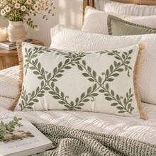 Botanical Embroidered Cushion Cover With Fringe Trim, French Country Vintage Decorative Pillow Cover For Sofa, Bed & Bedroom - Sage Green - View 2