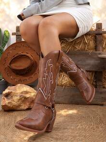 Brown Cowboy Boots Women Autumn New American Style Personalized Round Chain Decor Western Cowboy Boots All Season Fashion Vintage Embroidery Pointed Toe Chunky Heel Mid-Calf Riding Boots - Brown - View 6