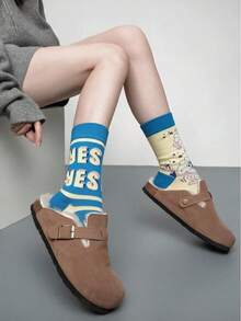 Cartoon Women's Knee-High Socks, College Style Asymmetrical Design Couple Socks - Multicolor - View 12