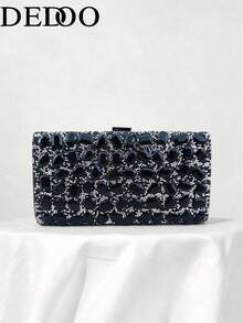 Women's Hard Shell Evening Clutch, Leaf Rhinestone Pattern, Pearl Decor Clasp, Detachable Chain, Luxury Fashion, Suitable For Wedding, Banquet, Ball, Party, Evening Event - Black - View 7