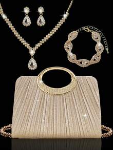 REMANLAND Túi xách xếp ly đính đá rhinestone sáng bóng, túi dạ hội nữ sang trọng, đi kèm bộ trang sức đá rhinestone 3 món gồm dây chuyền mặt đá, hoa tai và vòng tay, phối cùng váy dạ hội đính sequin sáng bóng, váy cưới, váy tiệc, phù hợp cho tiệc tùng, buổi tối, tụ họp, khiêu vũ và đám cưới - Rượu sâm banh - Xem 1