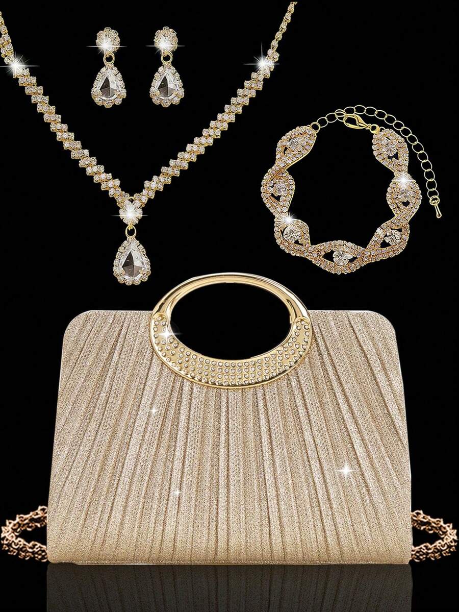REMANLAND Túi xách xếp ly đính đá rhinestone sáng bóng, túi dạ hội nữ sang trọng, đi kèm bộ trang sức đá rhinestone 3 món gồm dây chuyền mặt đá, hoa tai và vòng tay, phối cùng váy dạ hội đính sequin sáng bóng, váy cưới, váy tiệc, phù hợp cho tiệc tùng, buổi tối, tụ họp, khiêu vũ và đám cưới - Rượu sâm banh - Xem 1