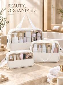 Dual Handle Large Capacity Transparent Makeup Bag, Suitable For Cosmetics And Toiletries, Beach Bag, Back To School Summer Travel Essential - Beige - View 6
