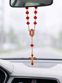 1pc Car Rearview Mirror Hanging Ornament, Crystal Beaded Car Rearview Mirror Pendant, Cross Virgin Mary Religious Style Car Interior Decoration - A - View 4