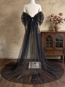 1pc Gothic Style Black Large Bow Tulle Bridal Back Train, Beaded Long Detachable Cape, Suitable For Wedding Photography, Halloween, Evening Dress - Black - View 5