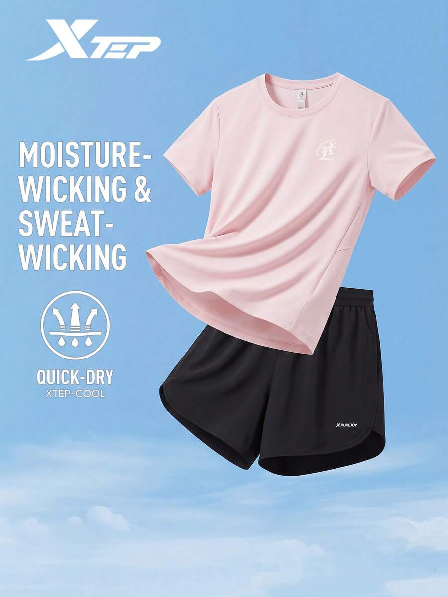 XTEP Short Sleeve Sports Set | 2 Pieces Short Sleeve Set, Autumn 2026 New Breathable Comfortable Sports Set For Women, Milkshake Pink - Milkshake Powder - View 1