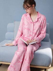 Gongdie 2pcs/Set Women's Pajama Set, Soft Pink Plaid Bowknot Loungewear With Pockets, Autumn/Winter - Pink - View 1