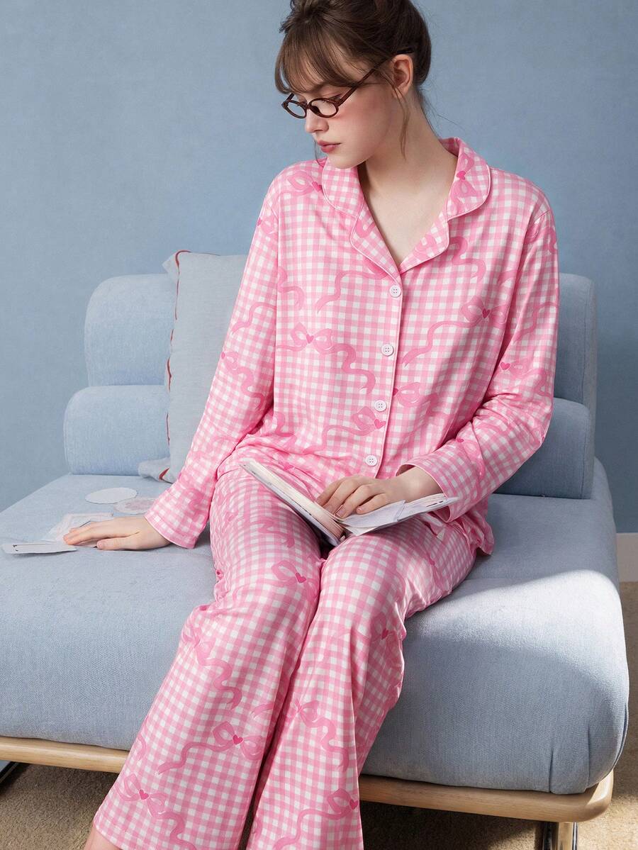 Gongdie 2pcs/Set Women's Pajama Set, Soft Pink Plaid Bowknot Loungewear With Pockets, Autumn/Winter - Pink - View 1