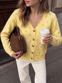 BYGOUBY Autumn/Winter Floral V-Neck Front Button Long Sleeve Knit Cardigan, Fashion Casual Soft Sweater Jacket - Yellow - View 2