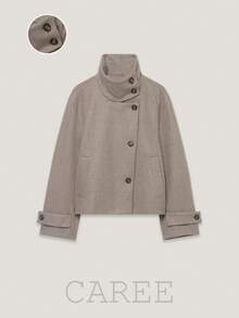 Mantel Pendek Campuran Wol CAREE Wanita Musim Gugur/Dingin, Kerah Tegak Asimetris, Saku Kancing, Model Saku - Khaki - View 1