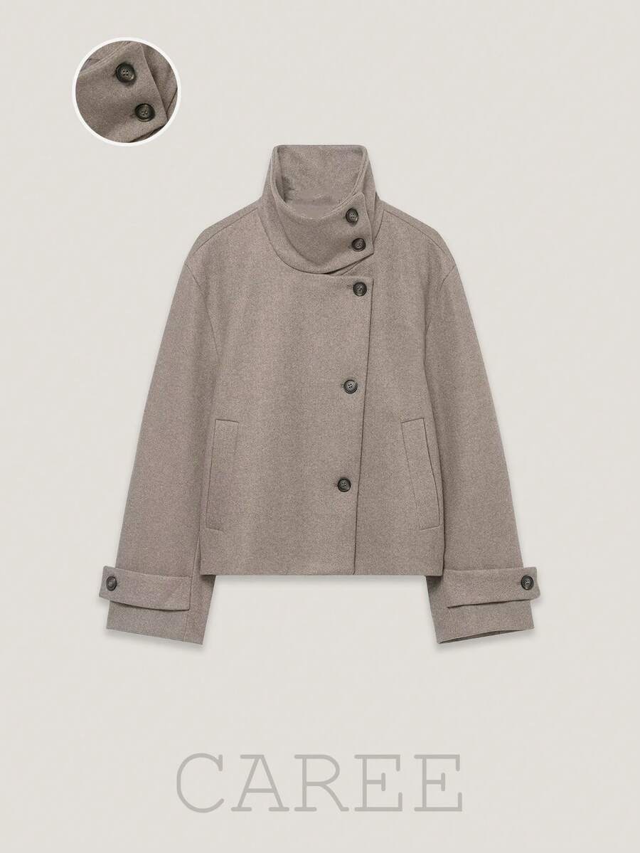 Mantel Pendek Campuran Wol CAREE Wanita Musim Gugur/Dingin, Kerah Tegak Asimetris, Saku Kancing, Model Saku - Khaki - View 1