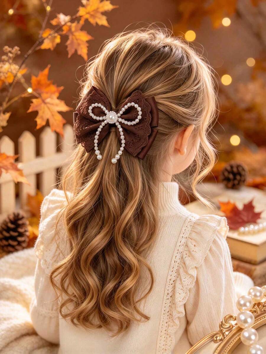 1Pc Brown Hollow Lace Bow For Girls Faux Pearl Long Tassel Alligator Clip Daily Wedding Party Birthday Fall Winter Hair Clip Kids Hair Accessoryrown - Multicolor - View 1