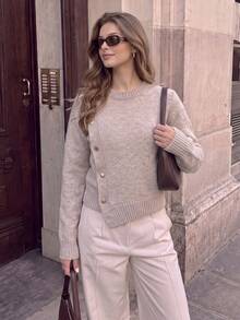 Women's Asymmetrical Button Sweater Crew Neck Long Sleeve Knit Top - Beige - View 7