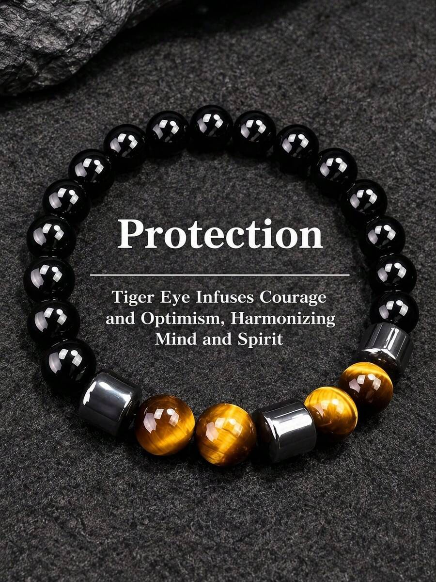 Men's Black Tourmaline Protection Bracelet, Shields Against Negative Energies, Confidence & Courage, Healing Vintage Style Jewelry For Daily Wear - Multicolor - View 1